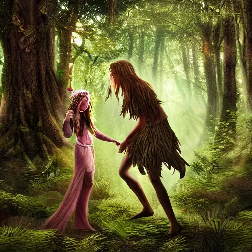 Image similar to a pretty mystical forest druid meeting a wanderer in her grove, highly detailed, photorealistic