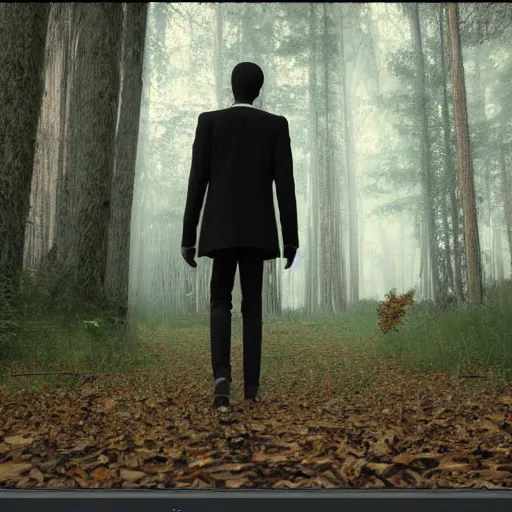 Image similar to slenderman walking with a women throw forest ultrarealistic 8k