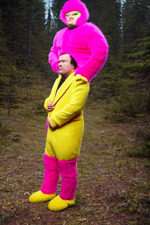 Image similar to 1 8 mm f 1 6 wide shot full body portrait photography of a worried man wearing pink and yellow fur mittens who looks like a mix of lou diamond phillips and jack black wearing a retro alien invasion movie costume from the 1 9 6 0 s, photo by gregory crewdson