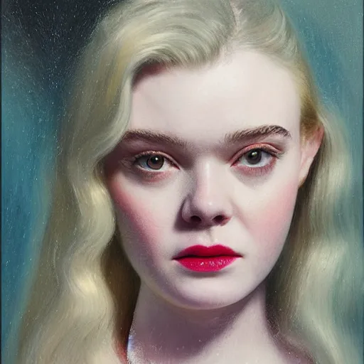 Prompt: Elle Fanning with devil horns in the style of Paola Vetri, head and shoulders portrait, stormy weather, extremely detailed masterpiece, oil on canvas, low-key neon lighting, artstation, Blade Runner 2049, Roger Deakin’s cinematography, by J. C. Leyendecker and Peter Paul Rubens and Edward Hopper and Michael Sowa,