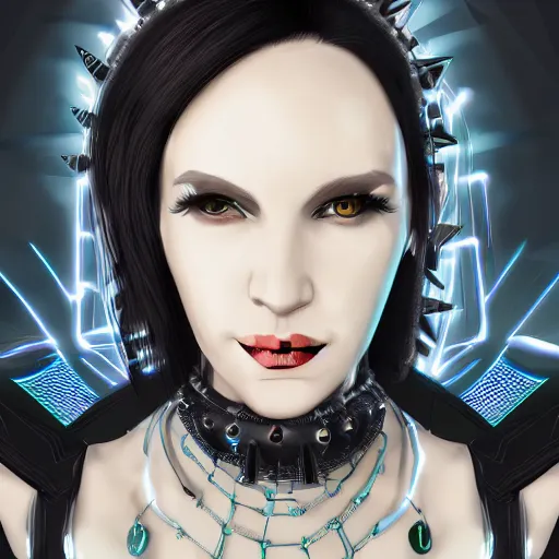 Prompt: an adult cyberpunk woman wearing large spiked punk collar, portrait, 4K, digital art, deviantart, artstation,