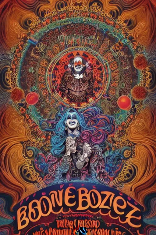 Image similar to Flowing lettering that says The Bozone, Fillmore concert poster for The Bozone by Robert Crumb, by Victor Moscoso, by Laurie Lipton, black light velvet poster, intricate paisley filigree, Bozo the clown. Clown motif, Shiny bulbous red clown nose at the center of an infinite fractal mandala tunnel of clowns, Unreal Engine, Cryengine, Artstation