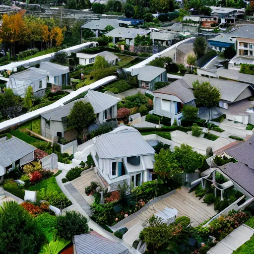 Prompt: wide angle shot of an idyllic suburban neighborhood with rooftop gardens and sustainable energy initiatives, lots of beautiful modern single family homes :: modern architecture