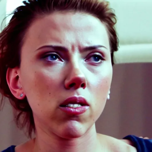 Image similar to cinematographic shot of scarlett johansson doing yoga with an angry face