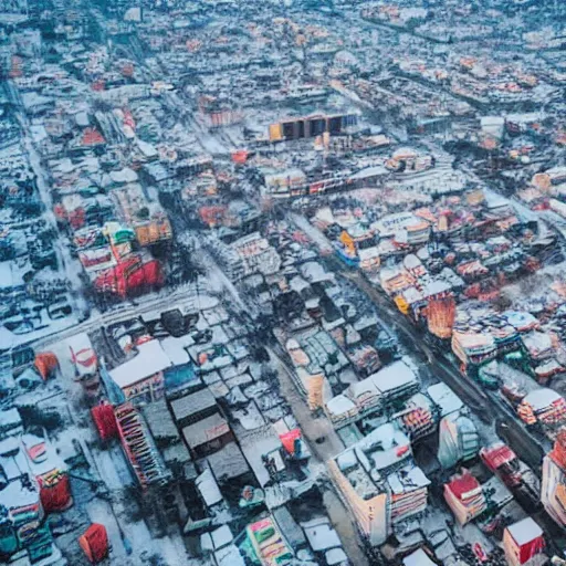 Prompt: center of Hochiminh city covered in snow. Aerial view