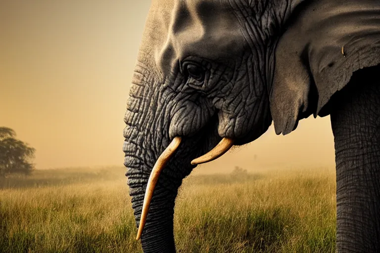 Image similar to ultra realistic nature photography, panoramic picture of ( subject : an elephant smoking a cigar ). smokey atmosphere, small thick clouds of cigar smoke, artstation, focus on the elephant's cigar, extremely hyperrealistic crisply sharp cigar, hyperrealistic smoke, sigma, 4 k