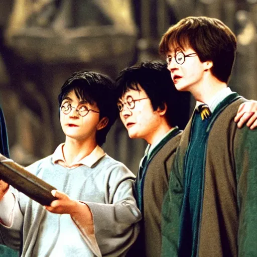 Prompt: harry potter using crucio on voldemort while ginny and cho chang applaud and ron cries