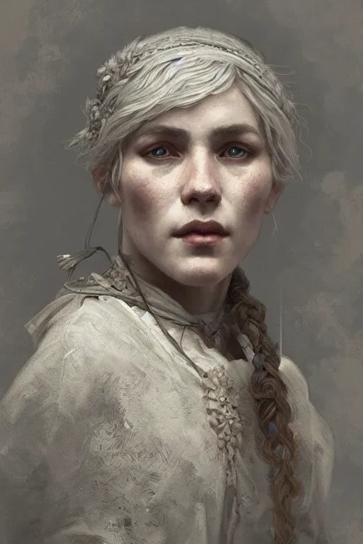 Prompt: A full portrait of an ancient nordic villager, intricate, elegant, highly detailed, digital painting, artstation, concept art, smooth, sharp focus, illustration, art by Krenz Cushart and Artem Demura and alphonse mucha