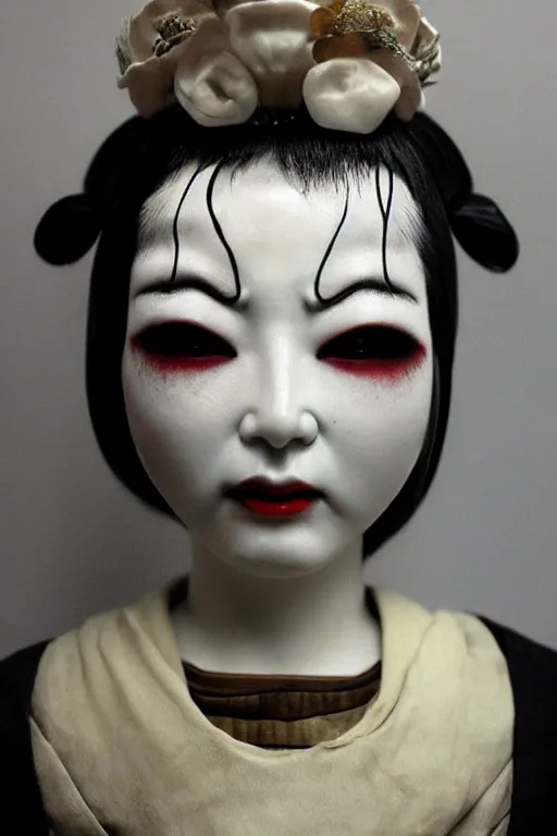 Prompt: porcelain eyeless geisha made by Kris Kuksi and HR Giger