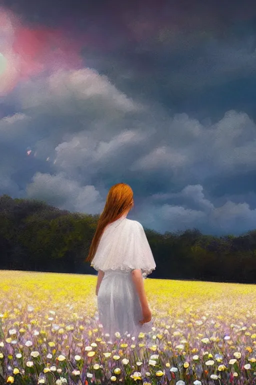 Prompt: giant white daisy flowers veil head, girl walking in a flower field, surreal photography, sunrise, dramatic light, impressionist painting, colorful clouds, digital painting, artstation, simon stalenhag