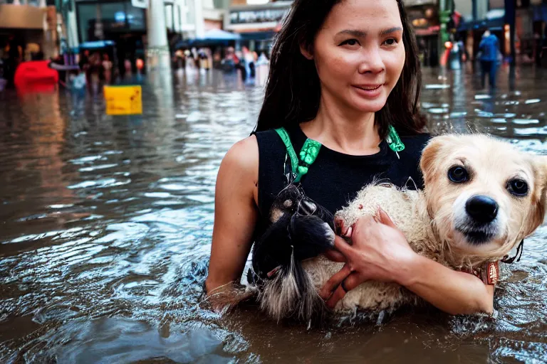 Image similar to closeup portrait of a woman carrying a dog over her head in a flood in Rundle Mall in Adelaide in South Australia, photograph, natural light, sharp, detailed face, magazine, press, photo, Steve McCurry, David Lazar, Canon, Nikon, focus