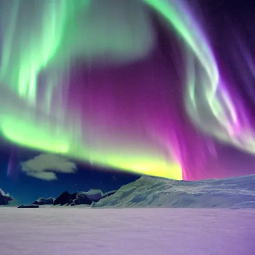 Image similar to evil rising in antarctica, heavy snow storm, northern lights