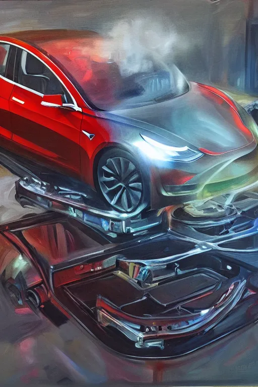 Image similar to tesla model 3 transforming into a transformer robot, oil on canvas