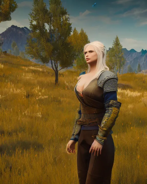 Prompt: a beautiful blonde woman from of the witcher 3 game, Toussaint landscape background, rendered in octane