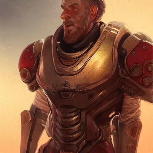 Prompt: male artificer, arrogant, power armor without helmet, half-body portrait, D&D, fantasy, portrait, highly detailed, digital painting, artstation, concept art, sharp focus, illustration, art by artgerm and greg rutkowski and magali villeneuve, red white and gold color scheme