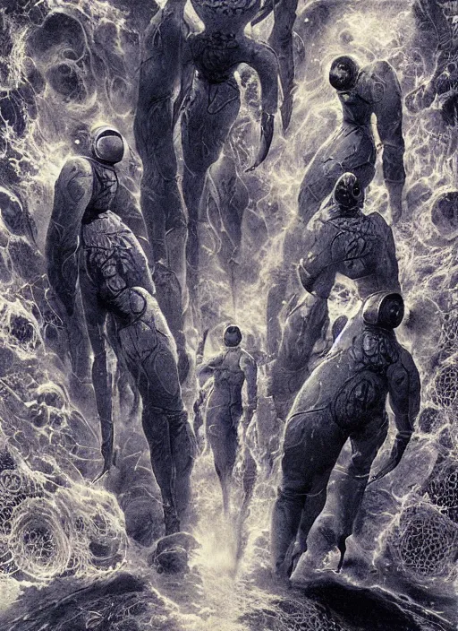 Image similar to astronauts divers in dark void underwater - complex and hyperdetailed technical suit design. reflection and dispersion materials. rays and dispersion of light. volumetric light. f / 3 2. noise film photo. flash photography. ultra realistic, 5 0 mm. poster by wayne barlowe, hajime sorayama aaron horkey, craig mullins