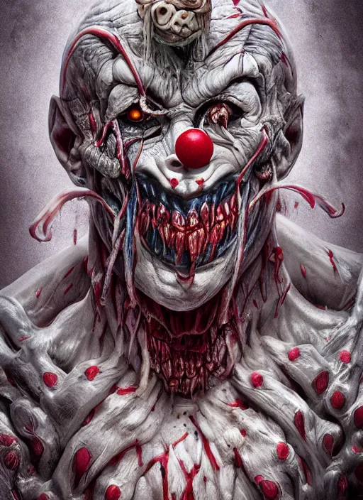 Image similar to evil horror clown, monster anatomy, ross tran, vivid colors, anatomical, highly detailed sculpture, intricate detailed, ommatidia, 8 k, cinematic atmosphere, post - processing