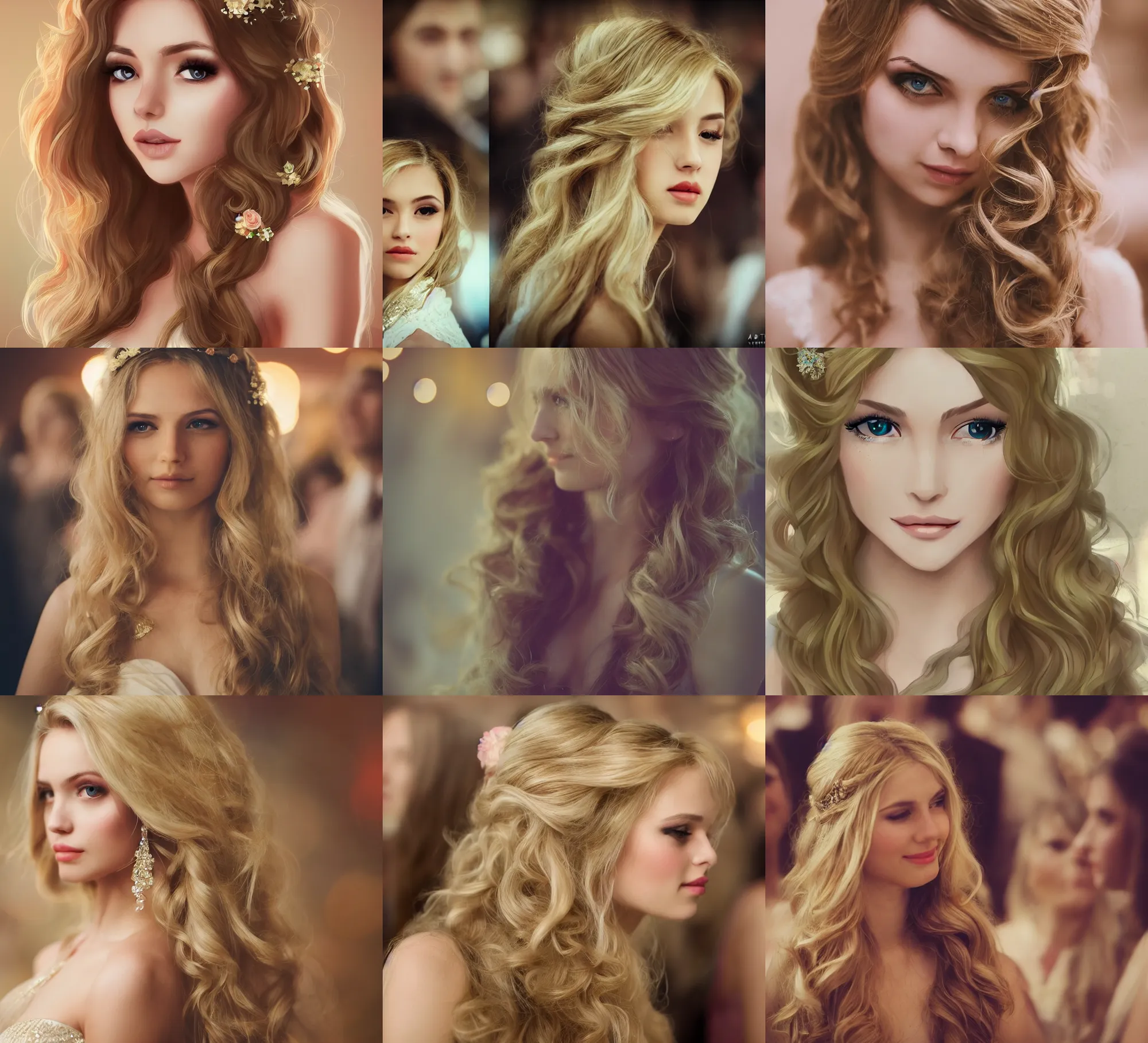 Prompt: a beauty with blonde wavy long hair attending weddings become the focus of the audience, bokeh, artstation