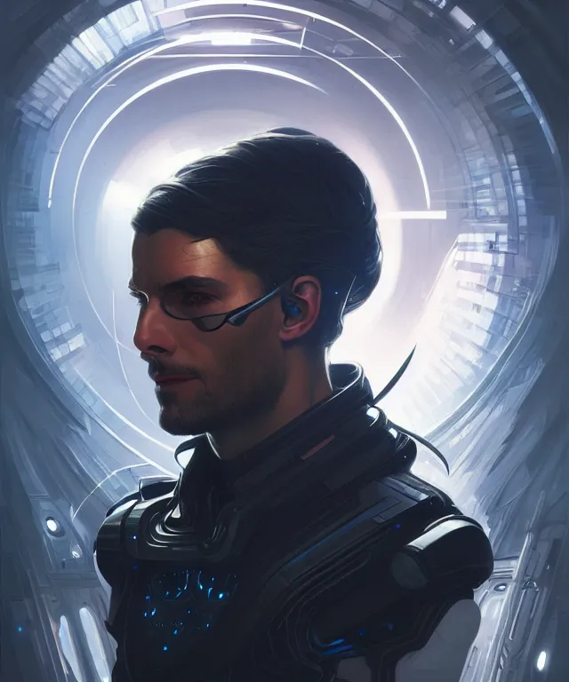 Prompt: futuristic hacker man portrait, sci-fi face, fantasy, intricate, elegant, highly detailed, digital painting, artstation, concept art, smooth, sharp focus, illustration, art by artgerm and greg rutkowski and alphonse mucha