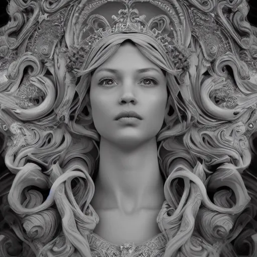 Image similar to wonderful princess made of marble, beautiful face, hyper detailed, flowing background intricate and detailed, ornate 8 k gorgeous intricate detailed, octane render, black and white