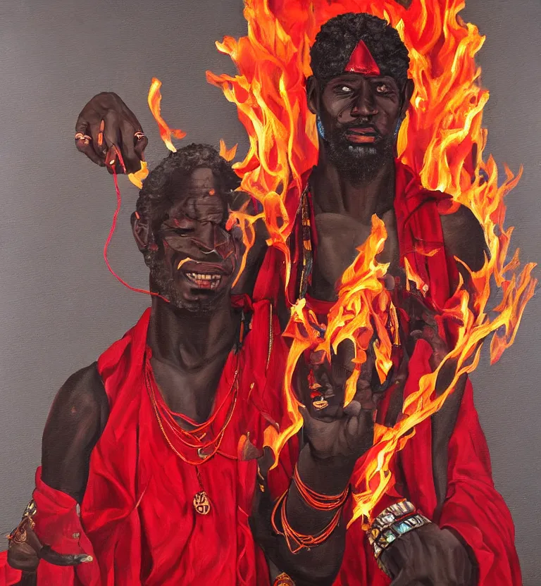 Prompt: a realistic painting of the yoruba god of the streets and paths, orisha esu, wearing red and black clothes with fire in his right hand, digital art, detailed.