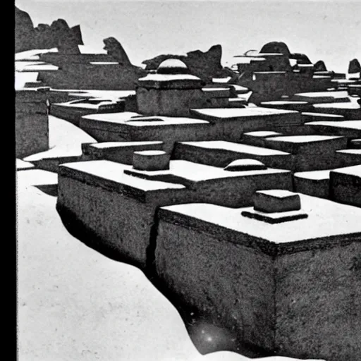 Prompt: photo of ancient alien buildings with non - euclidean geometry taken by the 1 9 3 3 miskatonic university expedition to antarctica