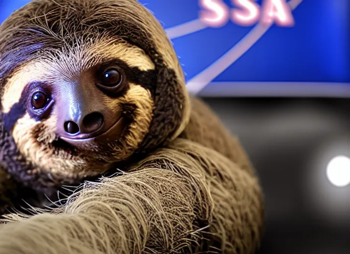 Prompt: film still of a baby sloth working for mission control at nasa, 8 k