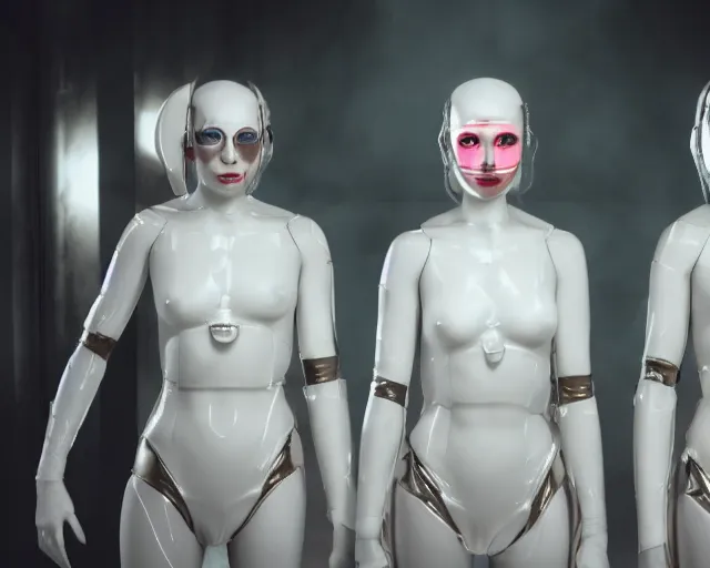 Prompt: a film still of three synthetic female human oracles wrapped in white cloth, face markings, beautiful, neotokyo, cinematic lighting, high resolution, 4 k