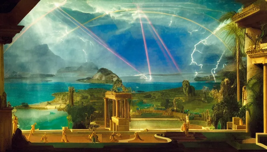 Image similar to From Inside the giant Palace, mediterranean balustrade and columns line, refracted sparkles, thunderstorm, greek pool, beach and Tropical vegetation on the background major arcana sky and occult symbols, by paul delaroche, hyperrealistic 4k uhd, award-winning, very detailed paradise