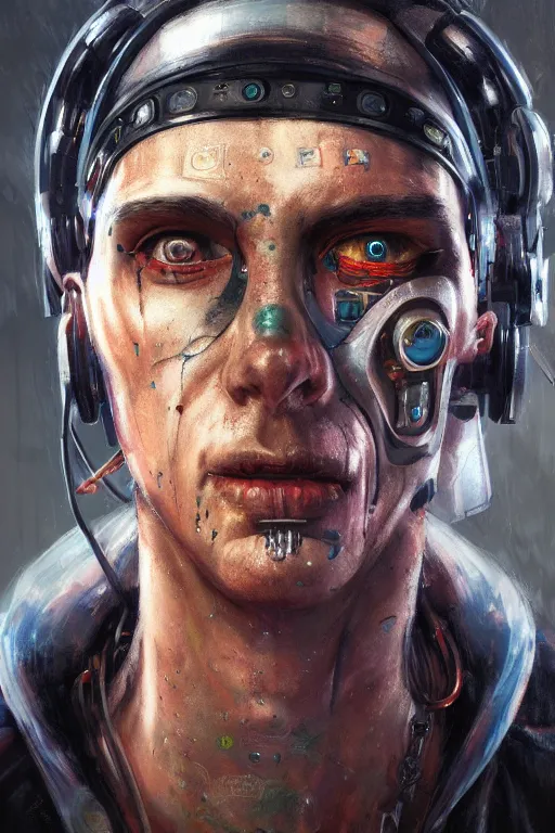 Prompt: illustration of an male cyberpunk character wearing bionic implants, criminal mugshot, gritty, gritty, highly detailed, oil on canvas, soft lighting, pastel colors, by WLOP and Greg Staples, HD, 4K