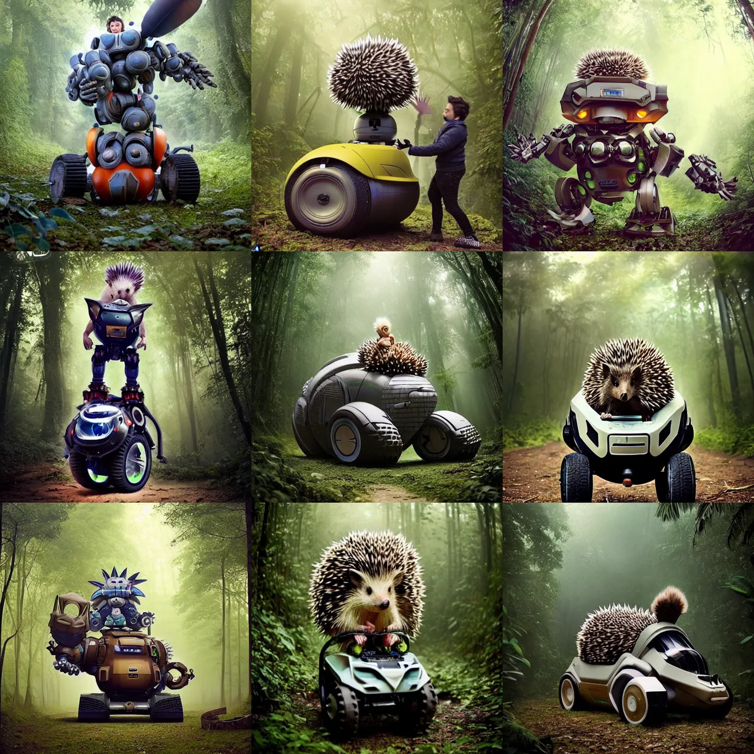 Prompt: epic pose!!! giant oversized battle hedgehog robot chubby mech baby sport wheelchair! double decker with giant oversized hair and hedgehog babies ,in deep jungle forest , full body , Cinematic focus, Polaroid photo, vintage , neutral dull colors, soft lights, foggy mist , by oleg oprisco , by thomas peschak, by discovery channel, by victor enrich , by gregory crewdson