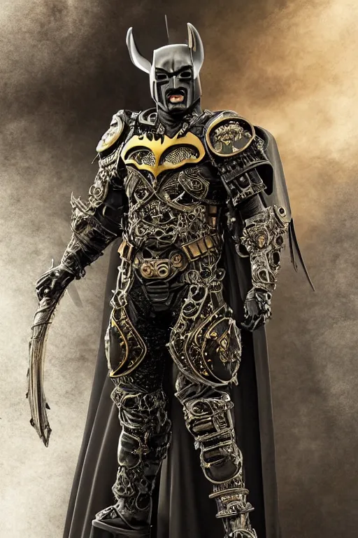 Prompt: hyper realistic glorious ancient celtic batman in a obsidian metal armor, futuristic design, designed by makoto kobayashi and luca zampriolo, portrait, cyberpunk style, wood and gold details, intricate, extremely detailed, ornate, deep of field, hard surface, exoskeleton, substance designer metal