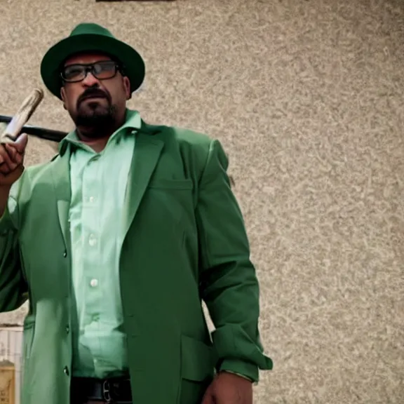 Image similar to Still of Big Smoke with green clothing with a baseball bat and trilby hat in Better Call Saul