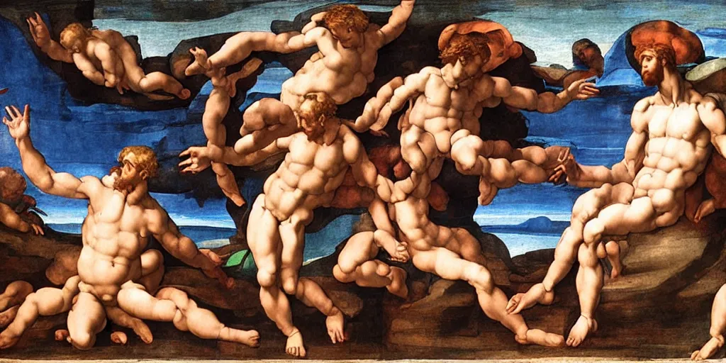 Image similar to creation of adam by michelangelo, cyborg and human, ultra detailed,