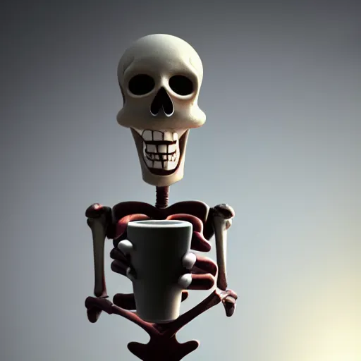 Image similar to portrait of a funny skeleton character holding a cup of coffee. pixar style animation 3 d extremely gloomy lighting, shining light and shadow, atmospheric, cinematic, unreal engine, 8 k