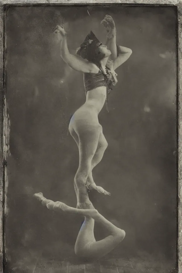 Prompt: wet plate, portrait of scarves dancer dancing, victorian era boiler room, coal dust