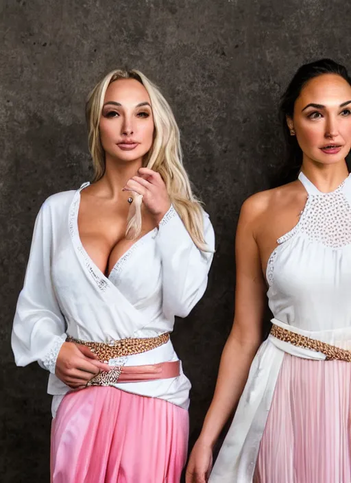 Image similar to portrait of lindsey pelas and gal gadot wearing white kebaya with batik skirt and pink silk belt, by charlotte grimm, natural light, detailed face, beautiful features, symmetrical, canon eos c 3 0 0, ƒ 1. 8, 3 5 mm, 8 k, medium - format print, half body shot