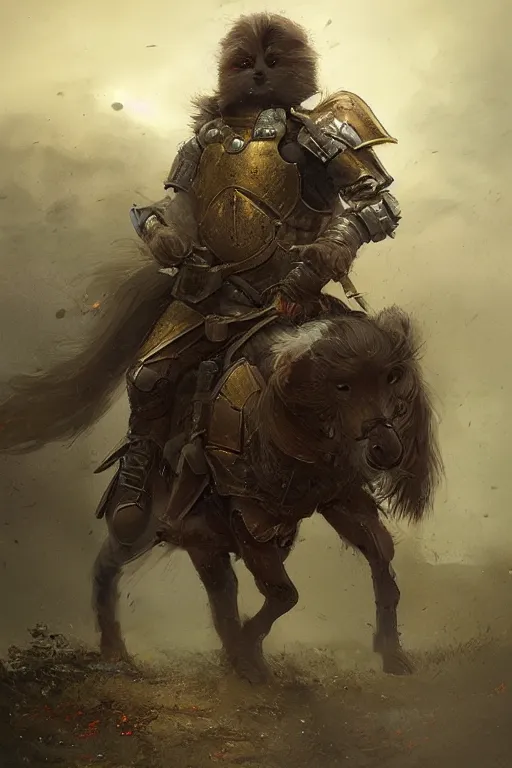 Prompt: a british longhair sodier with armor in the war, warm color, mini golden detail in the armor by alessio albi and greg rutkowski