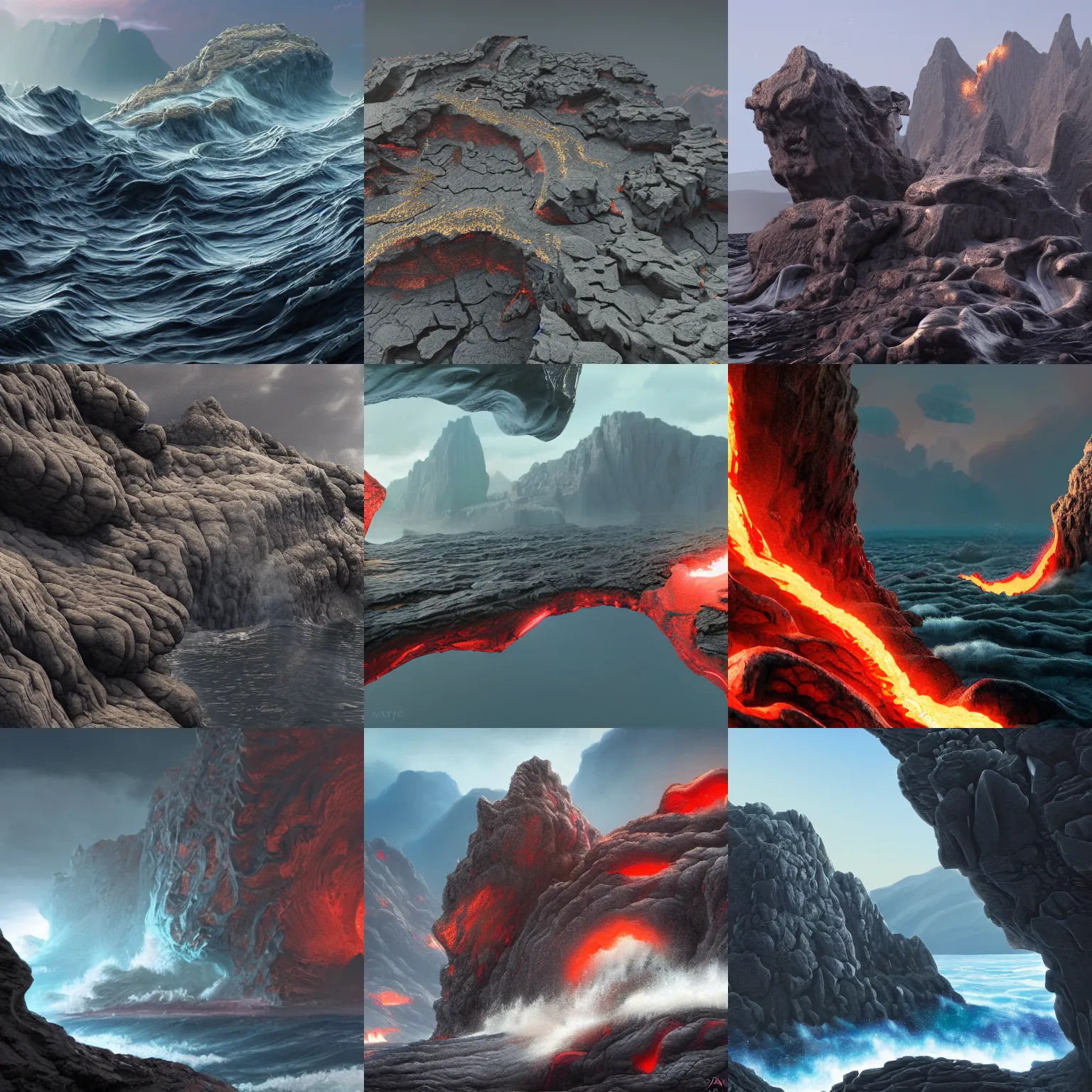 Prompt: a masterpiece matte painting of wavy!! and sharp!! and glassy!! hardened lava rock, igneous rock materials, trending on artstation, vray rendering