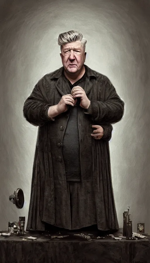 Prompt: david lynch as fat drunk tavern owner, fame of thrones, warhammer, fibonacci, sweat drops, intricate fashion clothing, insane, intricate, highly detailed, surrealistic, digital painting, artstation, concept art, smooth, sharp focus, illustration, unreal engine 5, 8 k, art by artgerm and greg rutkowski and alphonse mucha