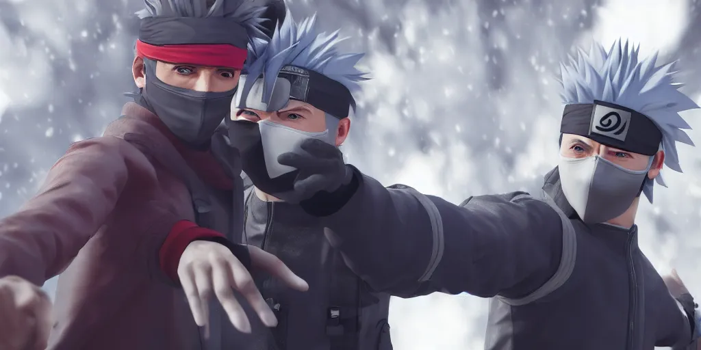 Image similar to my selfie with kakashi hatake, unreal 5, hyperrealistic, realistic, photorealistic, dynamic lighting, highly detailed, cinematic landscape, studio landscape, studio lighting