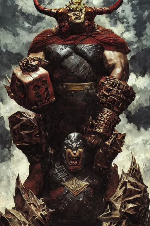 Prompt: huge brock lesnar as demon king wearing cape and black armour, alex ross, jack kirby, sergey kolesov, jason fabok, lawrence alma tadema, norman rockwell, greg staples, rick berry, jeremy mann