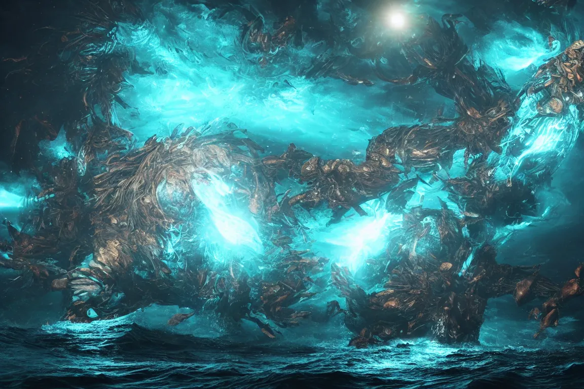 Image similar to colossal shaman gods destroying very living thing in the ocean, cast across the night sky, 8 k, ultra realistic, lens flare, atmosphere, glow, detailed, intricate, full of colour, cinematic lighting, trending on artstation, 4 k, hyperrealistic, focused, extreme details, unreal engine 5, cinematic, masterpiece