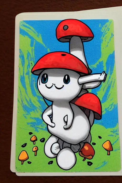 Image similar to mushroom cat creature, pokemon style, pokemon card