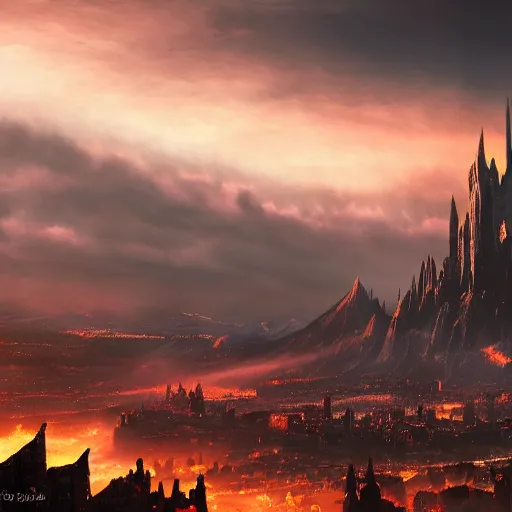 Image similar to mordor as a bustling city, highly detailed, sharp focus, skyline, vast, gothic, lord of the rings, mount doom, 4 k, fantasy