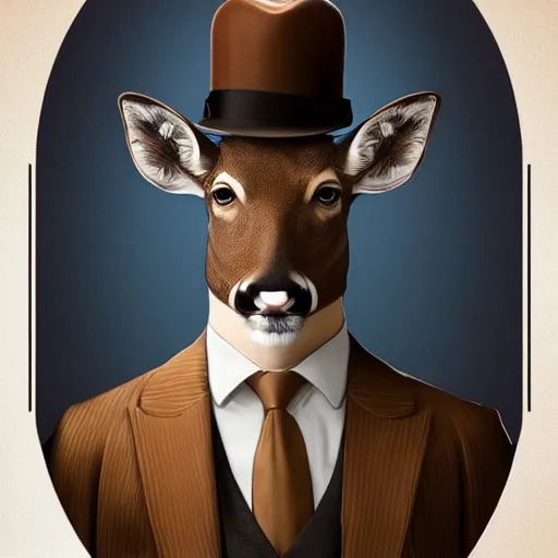 Image similar to a upper body portrait of a deer lord in a pinstriped suit and pants wearing a fedora and a monocle over the left eye by artgerm and wlop, intricate detail, digital art, photorealistic, trending on artstation