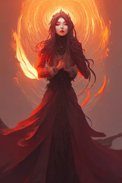 Prompt: beautiful ancient frost witch, flames all around, highly detailed, digital painting, artstation, sharp focus, illustration, art by tan zi and ayanamikodon and alphonse mucha and wlop