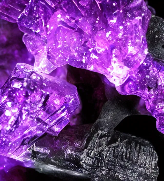 Prompt: punisher symbol is luminous deep purple crystal growing in a cave with smoke and light rays.