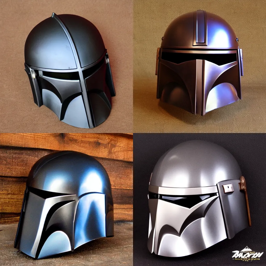 Prompt: mandalorian helmet wood, glossy finish