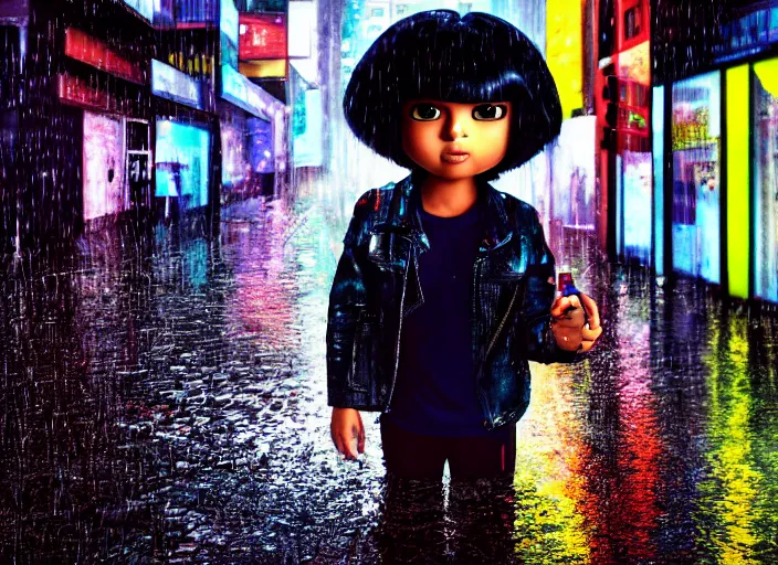 Prompt: closeup portrait of emo dora ( dora the explorer ) standing in the rain in a cyberpunk city, neon reflections in the puddles, portra 4 0 0 candid photograph portrait by annie leibovitz, 3 5 mm, f / 3 2, hyperrealistic, cinematic lighting, hd wallpaper, 8 k, 4 k